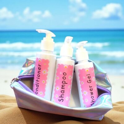 Three white bottles labeled Conditioner, Shampoo, and Shower Gel with pink floral labels sit in a shiny bag on sandy beach, ocean waves in background. Bright, fresh mood.