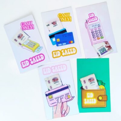 Five colorful Eid cards featuring illustrations of cash, credit cards, and wallets with playful “Eid Saeed” and “Cash Only” text on them.