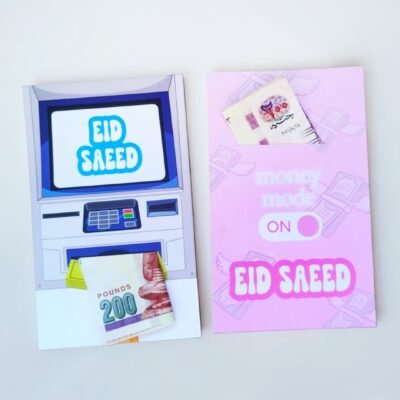 Greeting cards for Eid, one with an ATM design and the other pink with 