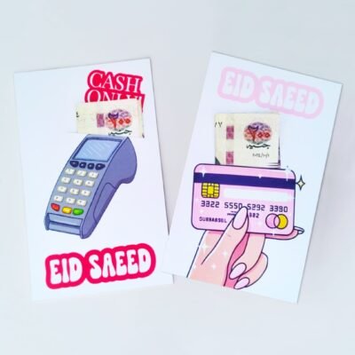 Two Eid cards with banknote holders: one shows a payment terminal with 