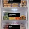 Freezer with labeled shelves. Top shelf: baked goods; middle: vegetables like peas, corn, carrots; bottom: meat packages. Organized and neat.