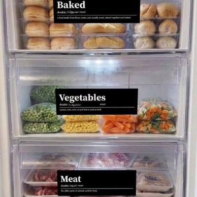 Freezer with labeled shelves. Top shelf: baked goods; middle: vegetables like peas, corn, carrots; bottom: meat packages. Organized and neat.
