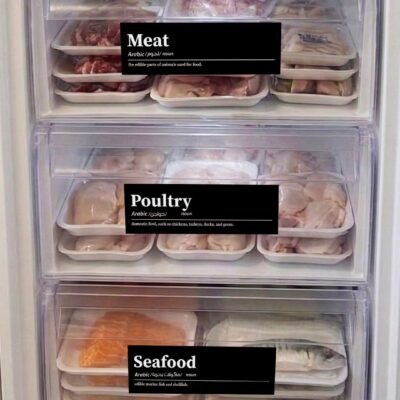 Shelves of packaged raw meat, poultry, and seafood in a freezer. Labels in English categorize each type. Neatly organized.