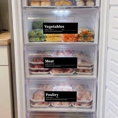 Organized freezer with labeled drawers: baked, vegetables, meat, poultry, and seafood. Neatly arranged bags and trays convey a sense of order.