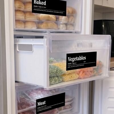 Open freezer with labeled drawers: top with bread labeled 