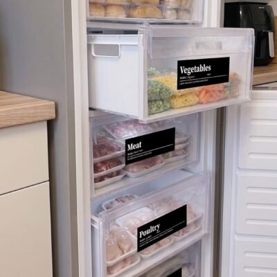Organized freezer with labeled drawers: Baked, Vegetables, Meat, Poultry, and Seafood. Neat and tidy with clear, categorized storage.