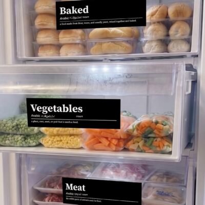 Open freezer with shelves labeled 